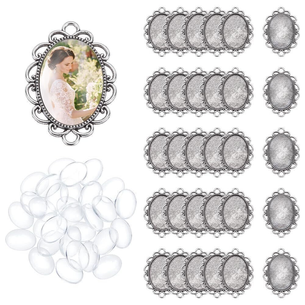 7088 30 Sets Oval Blank Bezel Pendant Trays Base Antique Sliver Vintage